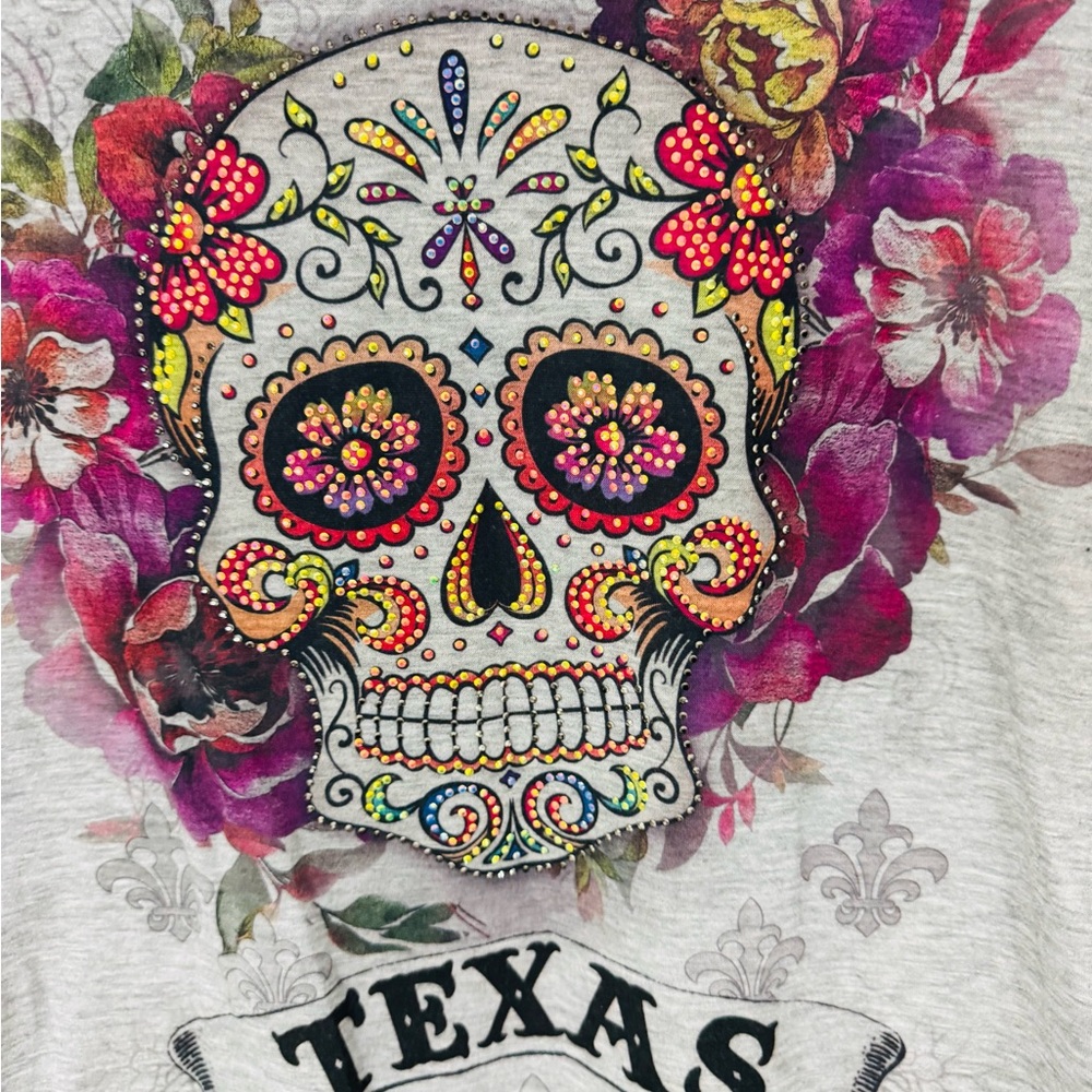 Small Sparkly Floral Sugar Skull Tee Shirt Halloween Spooky colorful